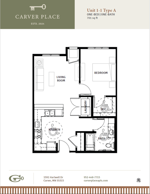 Floor plan for 1 bed, 1 bath, 649 sqft